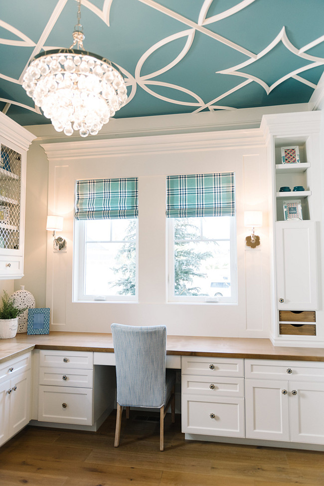 Wall and Ceiling Paint Color Ideas. Wall paint color is Benjamin Moore Cool Breeze CSP-665. Ceiling Paint Color is Benjamin Moore Baltic Sea CSP-680 with overlay pattern in Benjamin Moore Dove White. #PaintColor #Wall #Ceiling Four Chairs Furniture.
