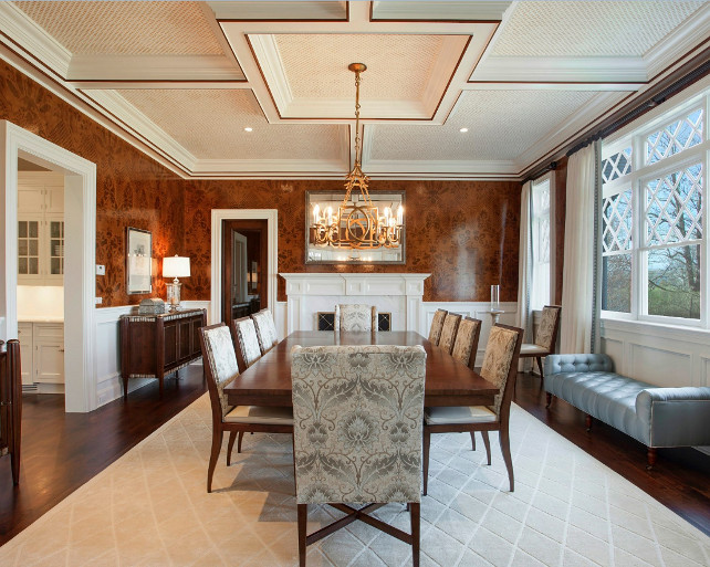 Traditional Dining Room. There are many things that grab your attention here, including the incredible textured ceiling , wall treatment and windows. This is truly a very unique traditional dining room. #TraditionalInteriors #TraditionalDiningRoom #DiningRoom #DiningRoomDesign #DiningRoomIdeas