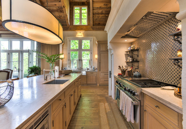 Kitchen. French Country Kitchen. French Country Kitchen Countertop. French Country Kitchen Limestone Hood. French Country Kitchen Plank Floors. French Country Kitchen Reclaimed Ceiling. #FrenchCountry #Kitchen