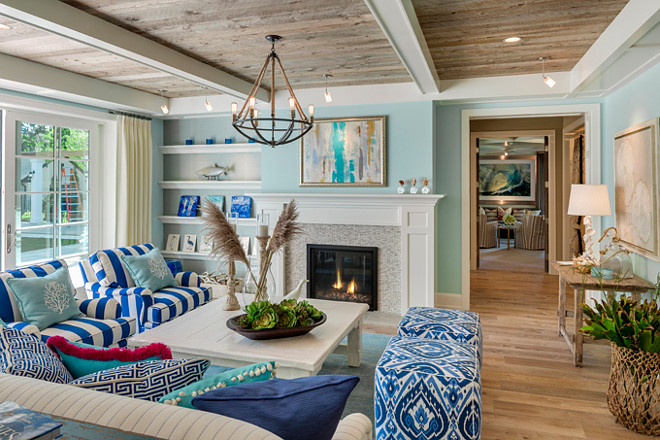 Coastal Living room. Coastal Living room ideas. Coastal Living room paint color. Coastal Living room fabrics. Coastal Living room textures. Coastal Living room colors, Coastal Living room motif. Coastal Living room plank ceiling. Coastal Living room plank floors. #Coastal #Interiors #Livingroom Great Neighborhood Homes.