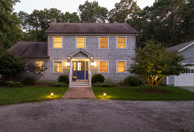 Aged single exterior. Home with aged single exterior. Beach house with aged single exterior and navy front door. #AgedShingle #AgedShingleHomeExterior #HomeExterior #NavyFrontDoor Chango & Co.