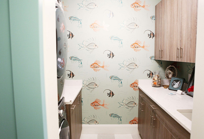 Aquarium wallpaper. Nina Campbell Aquarium wallpaper by Osborne and Little. Laundry room with Nina Campbell Aquarium wallpaper by Osborne and Little.