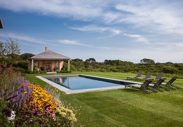 Backyard with pool and poolhouse. Landscaping. Simple pool design. Shingle poolhouse. #pool #Backyard #Poolhouse #ladscaping