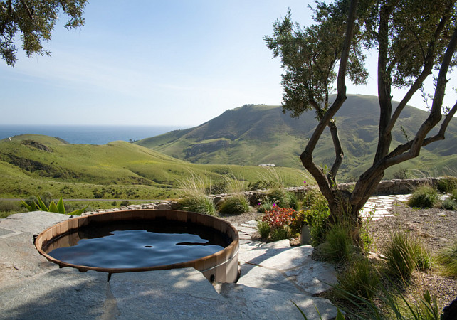 Backyard. Backyard Ideas. Backyard Plan Ideas. Cedar spa and flagstone deck look out over tranquil ocean view. #Backyard #BackyardPlan #BackyardIdeas Grace Design Associates.