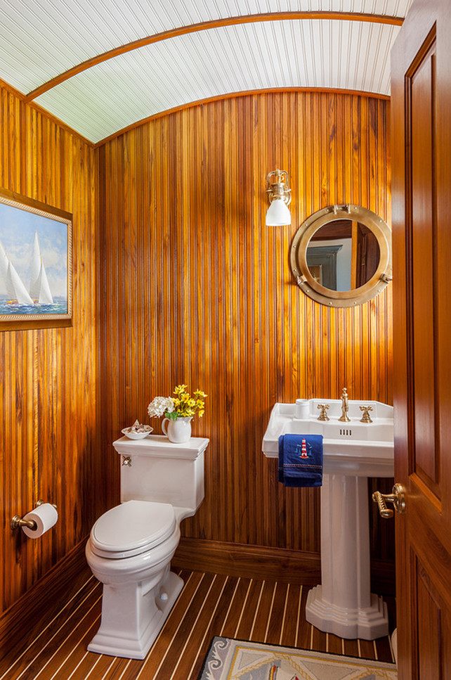 Barrel Ceiling. Powder room with barrel ceiling and beadboard walls. #BarrelCeiling