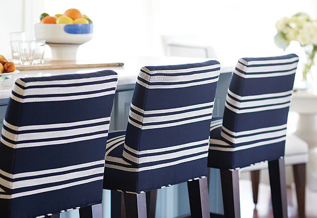 Barstools. Barstool Fabric Ideas. Lee Industrial Barstools in navy striped sunbrella fabric. #Barstool #BarstoolFabric Kate Jackson Design.