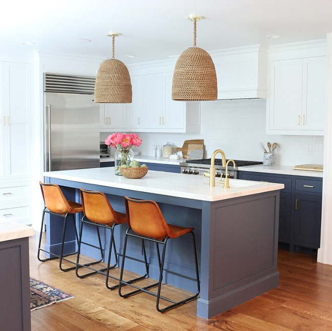 Barstools. Leather Barstools. Kitchen island with leather barstools. The leather barstools are CB2 Roadhouse Leather Bar Stools. #CB2 #RoadhouseLeatherBarStools #Leather #Barstool #KitchenIsland Shea McGee Design.