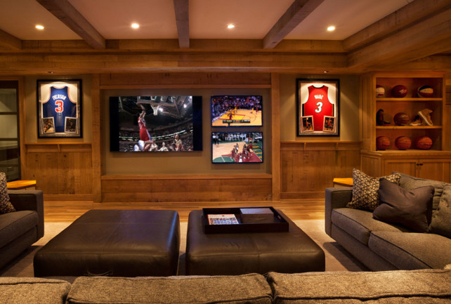 Basement Media Room Ideas. Basement Media Room with Multiple TVs. #Basement #TVRoom #MediaRoom Garrison Hullinger Interior Design Inc.