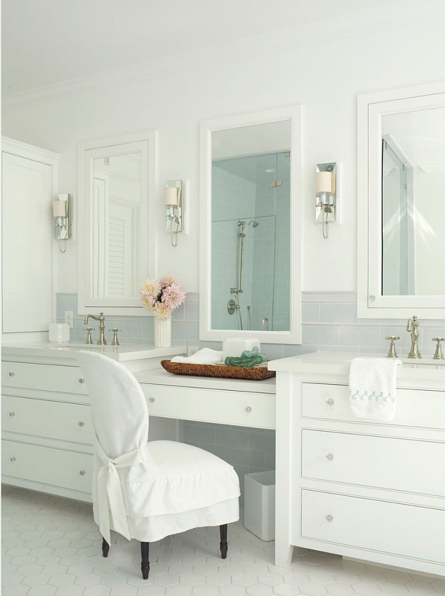 Bathroom Cabinet Design Ideas. Custom bathroom cabinet ideas. Cabinet paint color is Pratt & Lambert Designer White. #Bathroom #BathroomCabinet #BathroomCabinetPaintColor. #Pratt&LambertDesignerWhite Burnham Design.