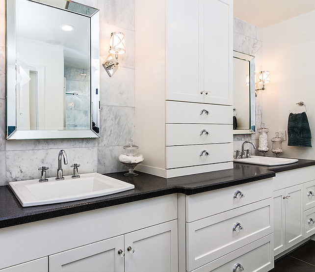 Bathroom Cabinet Design. Bathroom Cabinet design with great storage ideas. Bathroom with black honed quartz countertop and custom cabinet.  #Bathroom #Cabinet