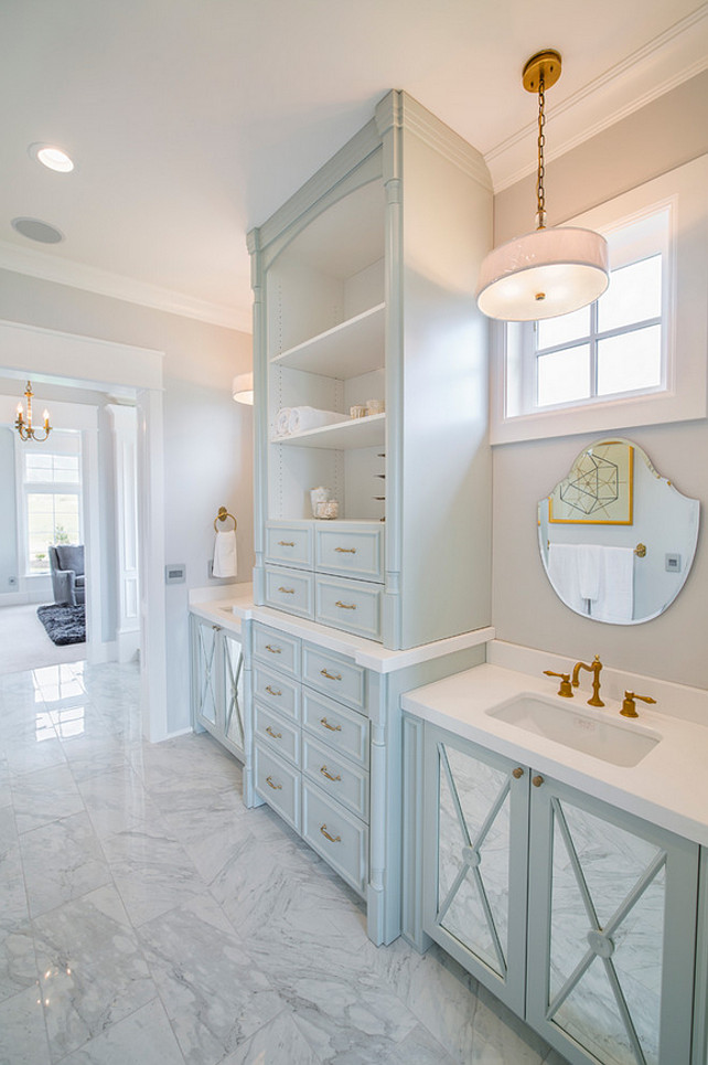 Bathroom Cabinet. Double vanity bathroom cabinet with bookshelf cabinet in the middle. Joe Carrick Design.