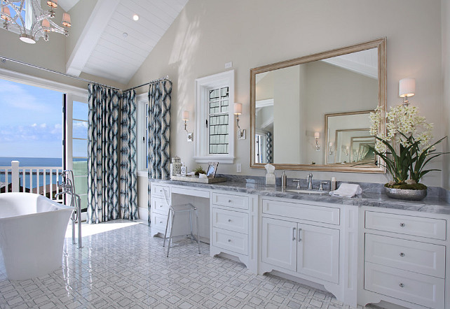 Bathroom Cabinet. Large bathroom shaker-style cabinet with marble countertop and marble flooring. #Bathroom #BathroomCabinet #ShakerStyleCabinet #MarbleCountertop #MarbleFlooring