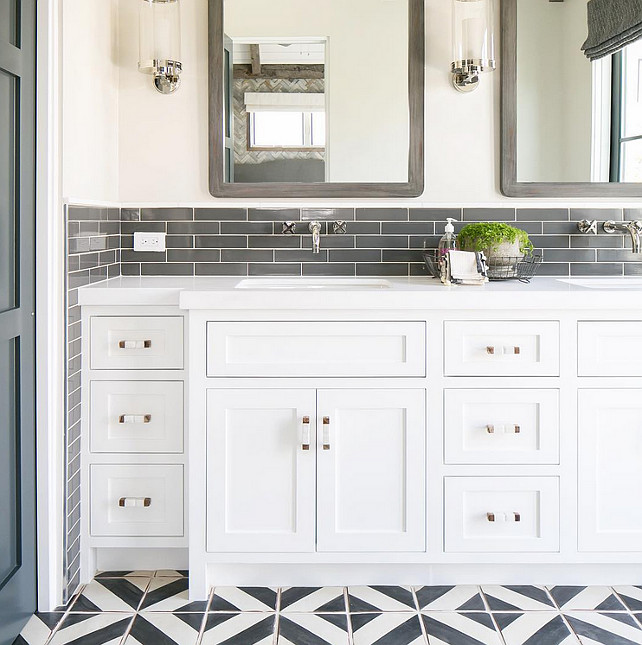 Bathroom Cement Tiles. Cement Tile Ideas. Black and white cement tiles in bathroom. Cement Tile Flooring. #CementTiles #CementTileFlooring Ryan Garvin photographer. Brooke Wagner Design.