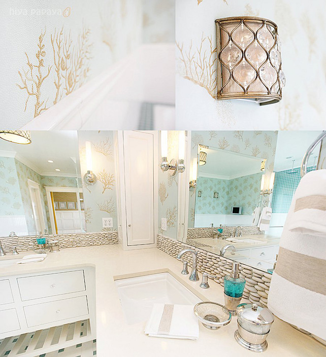 Bathroom Ideas. Bathroom Decor. How to plan on a bathroom reno. Wallpaper is the "Coral Gables from Thibaut".