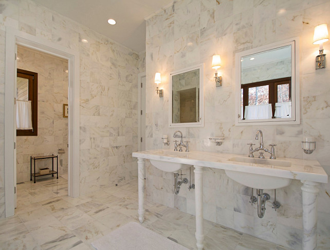 Bathroom Reno Ideas. Bathroom reno with marble. #Bathroom #BathroomReno #BathroomRenoIdeas Trim Paint Color: Benjamin Moore Simply White Via Sothebys' Homes