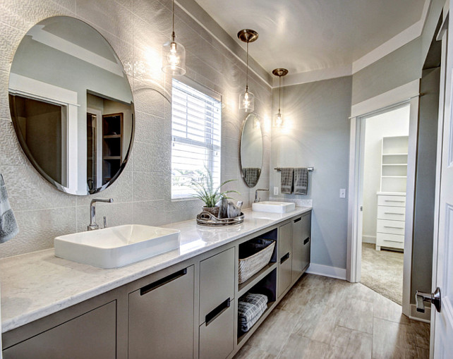 Bathroom. Bathroom Ideas. Transitional Bathroom with Gray Cabinet. #Bathroom #GrayBathroomCabinet #TransitionalBathroom Dwellings Inc.