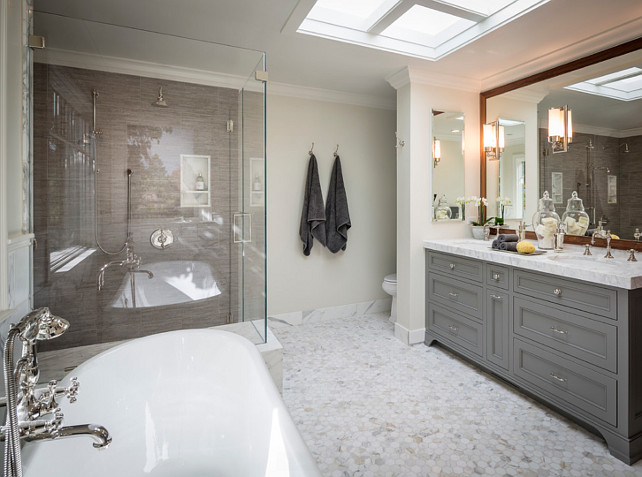 Bathroom. Bathroom Layout. Bathroom Freestanding Bath. Bathroom Shower with bench. Bathroom calacatta marble hexagon tile. #Bathroom Brownhouse Design.