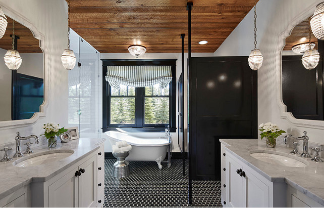 Bathroom. Bathroom with Reclaimed Ceiling. Master Bathroom. Transitional bathroom with reclaimed wood ceiling. Reclaimed wood plank ceiling. Flooring is Black Stone Hexagon Tile 2x2 with TEC 910 Bright White Grout. #bathroom #ReclaimedWood #Ceiling #PlankWood Martha O'Hara Interiors.