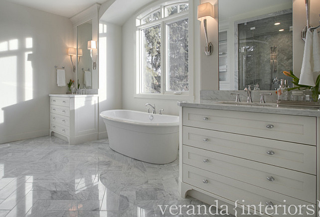 Bathroom. Master Bathroom with marble floors set in a herringbone pattern. #MasterBathroom #Bathroom #MarbleFlooring #HerringboneMarbleFlooring Veranda Estate Homes & Interiors