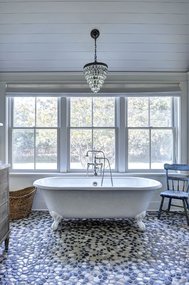 Bathroom. Master bathroom. Bathroom Lighting. Pottery Barn Clarissa Glass Drop Chandelier. Bathroom Design. Bathroom Pebble Floor. Bathroom Tub Ideas. #Bathroom #PebbleFloor #PotteryBarnClarissaGlassDropChandelier.