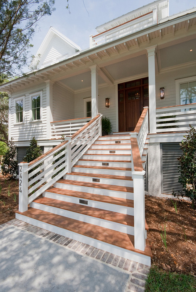 Beach House Architecture. Beach elevated House. Entry front. Siding. Hardiplank. Island Home. Raised Home. Siding Ideas. Stairs