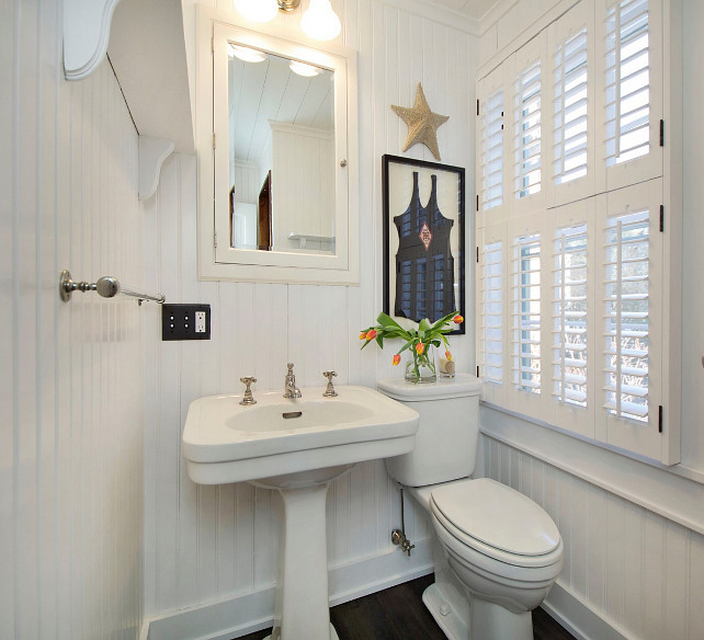 Beadboard Bathroom with coastal decor. Coastal Cottage Bathroom with beadboard walls. #Beadboard #Bathroom #Coastal #CottageBathroom #CoastalBathroom