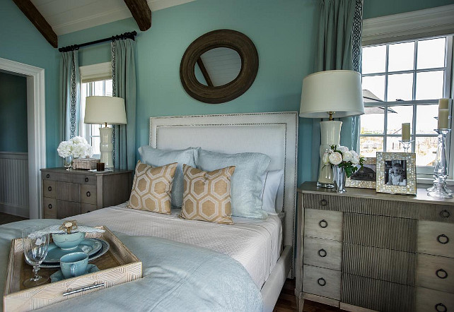 Bedroom Color Palette. The queen bed combines white with soft blue for a gentle calming effect. #Bedroom #BedroomColorPalette