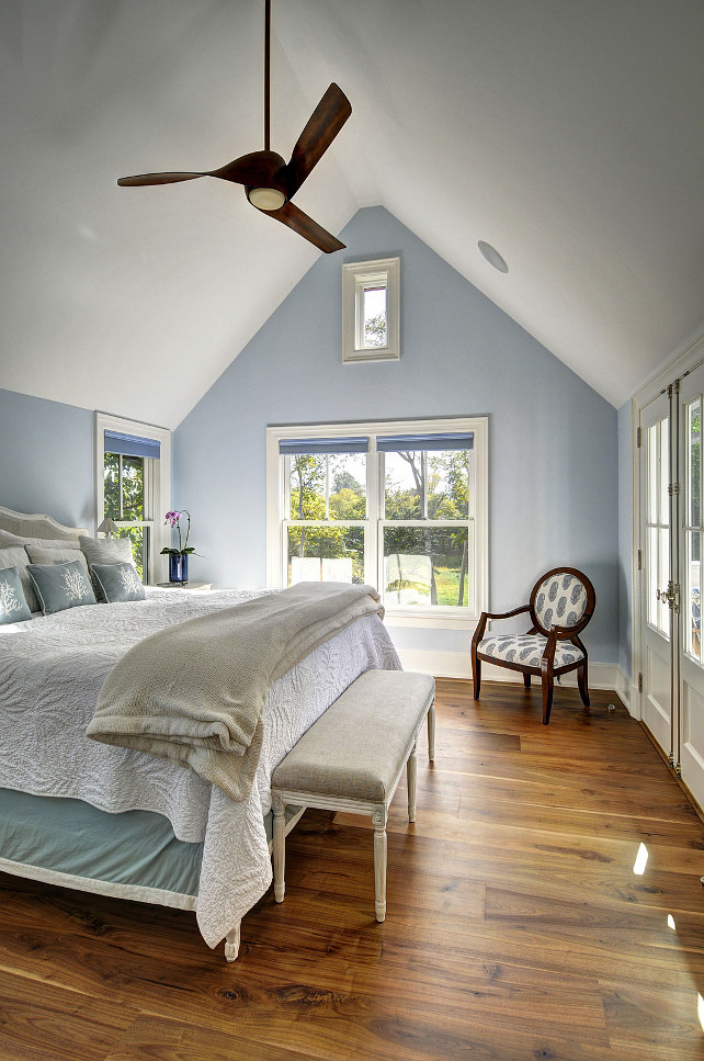 Bedroom. Casual Blue bedroom with high ceiling. #Bedroom #CasualBedroom #HighCeilingBedroom John Hummel and Associates.