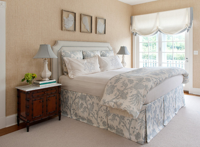 Bedroom. Coastal Bedroom with grass cloth wallpaper #Bedroom #CoastalBedroom #Grassclothwallpaper Ben Gebo Photography. Annsley Interiors.