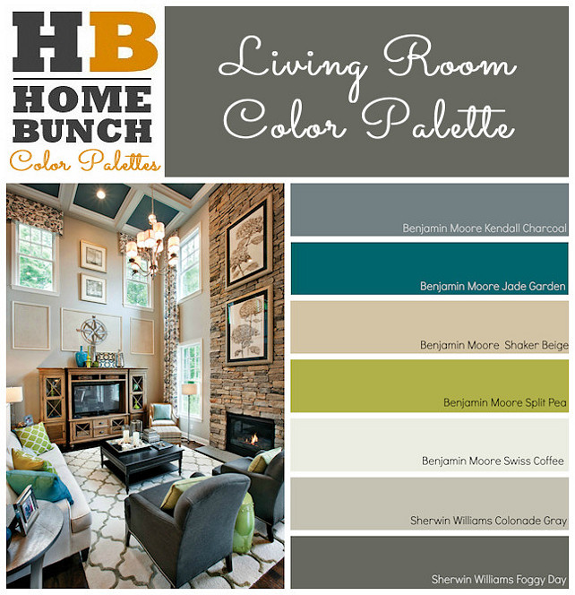 Benjamin Moore Kendall Charcoal, Benjamin Moore Jade Garden, Benjamin Moore Shaker Beige, Benjamin Moore Split Pea, Benjamin Moore Swiss Coffee, Sherwin Williams Colonade Gray, Sherwin Williams Foggy Day. #ColorPalette #PaintColor #LivingRoomColorPalette