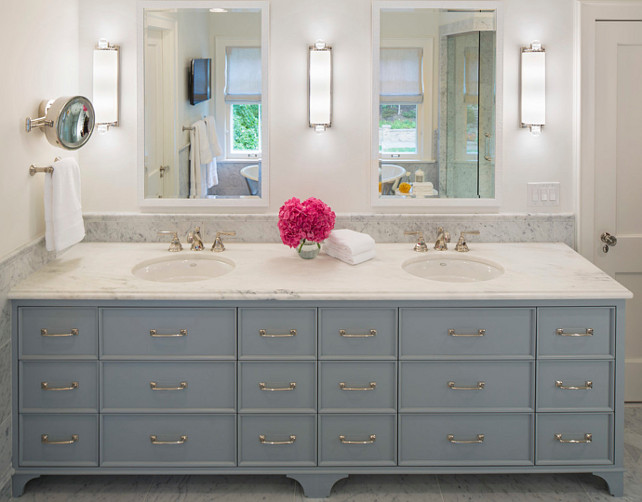 Cabinet countertop is Olympian White Danby Honed Marble. Cabinet paint color is Benjamin Moore Marina Gray. Marina Gray by Benjamin Moore. Benjamin Moore Marina Gray. Benjamin Moore Gray Paint Color. #BenjaminMooreMarinaGray #BenjaminMooreGray #BenjaminMoorePaintColors #OlympianWhiteDanby #Honedmarble