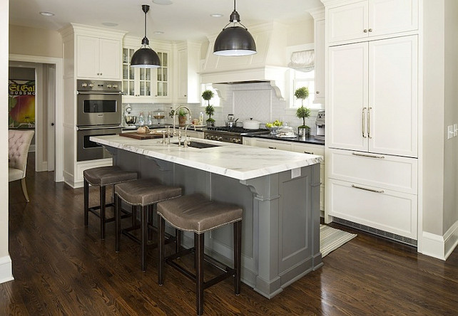 Benjamin Moore White Dove Kitchen. Benjamin Moore White Dove Kitchen Cabinet with Grey Island. Benjamin Moore White Dove Kitchen Cabinet Paint Color. #BenjaminMooreWhiteDove #Kitchen Martha O'Hara Interiors