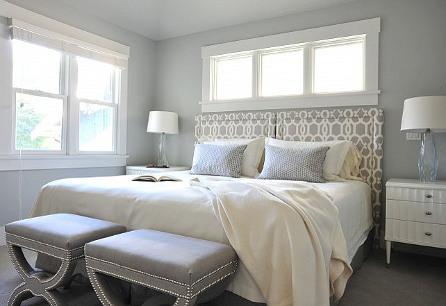 Benjamin Moore Wickham Gray. Benjamin Moore Wickham Gray bedroom with silver gray walls and beautiful gray trellis upholstered headboad. #BenjaminMooreWickhamGray Enviable Designs