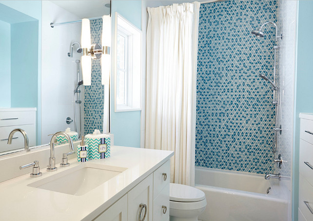 Blue Bathroom. Blue bathroom countertop. Blue bathroom with white quartz countertop. #Bathroom #BlueBathroom #WhiteQuartz Butter Lutz Interiors, LLC.