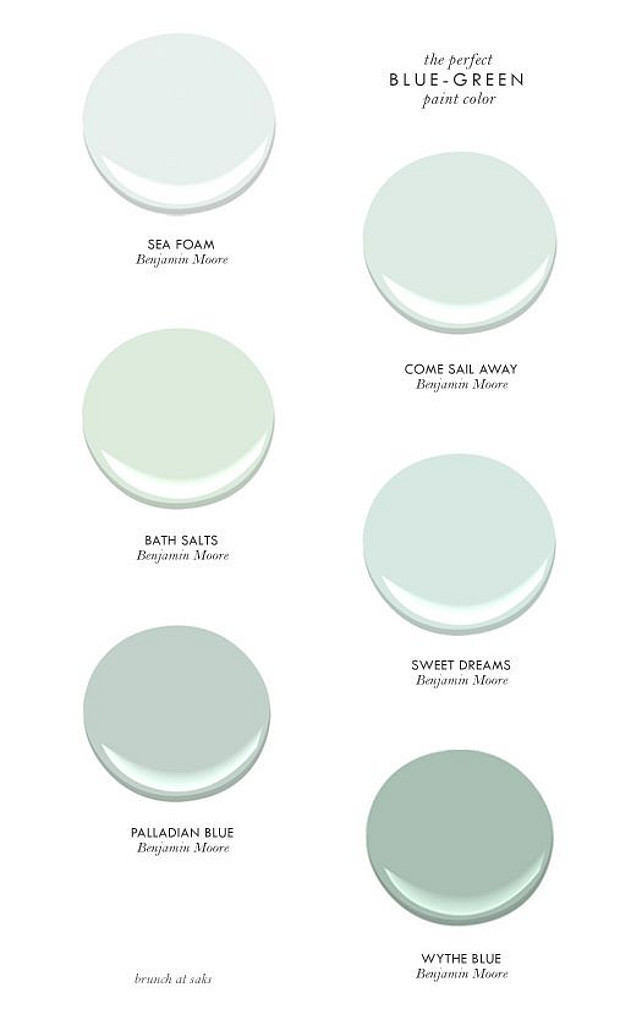 The perfect Blue-Green Paint Colors. Blue Green Paint Colors. Seafoam Paint Color. Turquoise Paint Color. Benjamin Moore Sea Foam. Benjamin Moore Come Sail Away. Benjamin Moore Bath Salts. Benjamin Moore Sweet Dreams. Benjamin Moore Wythe Blue. Benjamin Moore Palladian Blue. #BenjaminMoorePaintColor 