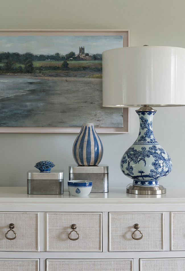 Blue and white dining foyer. Foyer with blue and white motif. Digs Design Company.