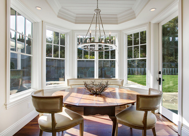 Breakfast Nook. Breakfast Nook Decor. Breakfast Nook Furniture. Breakfast Room Lighting. Lighting in the breakfast room is Visual Comfort Lighting CHC1443PN Chart House E.F. Chapman Round Flat Line Chandelier in Polished Nickel. #BreakfastRoom Dtm Interiors.