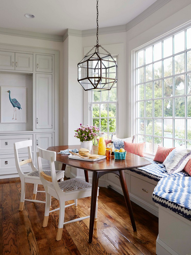 Breakfast Nook. Breakfast Nook with built-in bench and chairs. Breakfast Nook Ideas. Breakfast Nook Window. Breakfast Nook Lighting. Lighting is the Morris lantern from Circa Lighting. #BreakfastNook