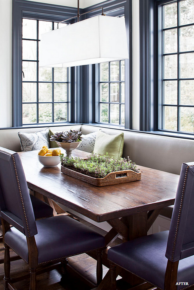 Breakfast Room. Breakfast Room Decorating Ideas. Breakfast room with banquette. The custom L shaped banquette double as window seat. Notice the trestle dining table and blue, square back, dining chairs. #Breakfastroom Alisberg Parker Architects.