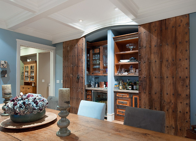 Built-in Storage Ideas. Wow! The vintage doors in this built-in/bar are gorgeous! #Builtin #Storage #Bar #HomeDecor