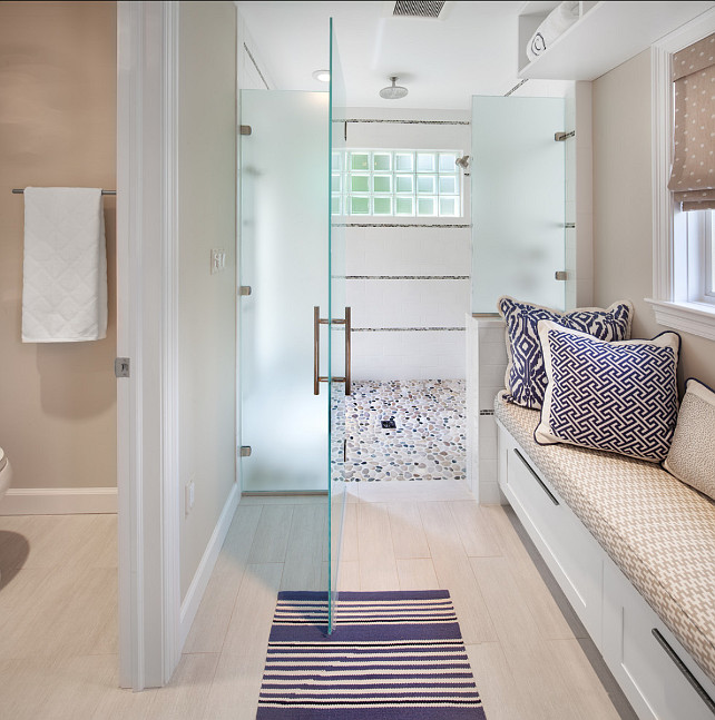 Bathroom Tiling. The pebble floor is called Native Earth Pebbles i3pn2; and the bathroom floor tile is called Georgetown 4x12 in white. #BathroomTiling