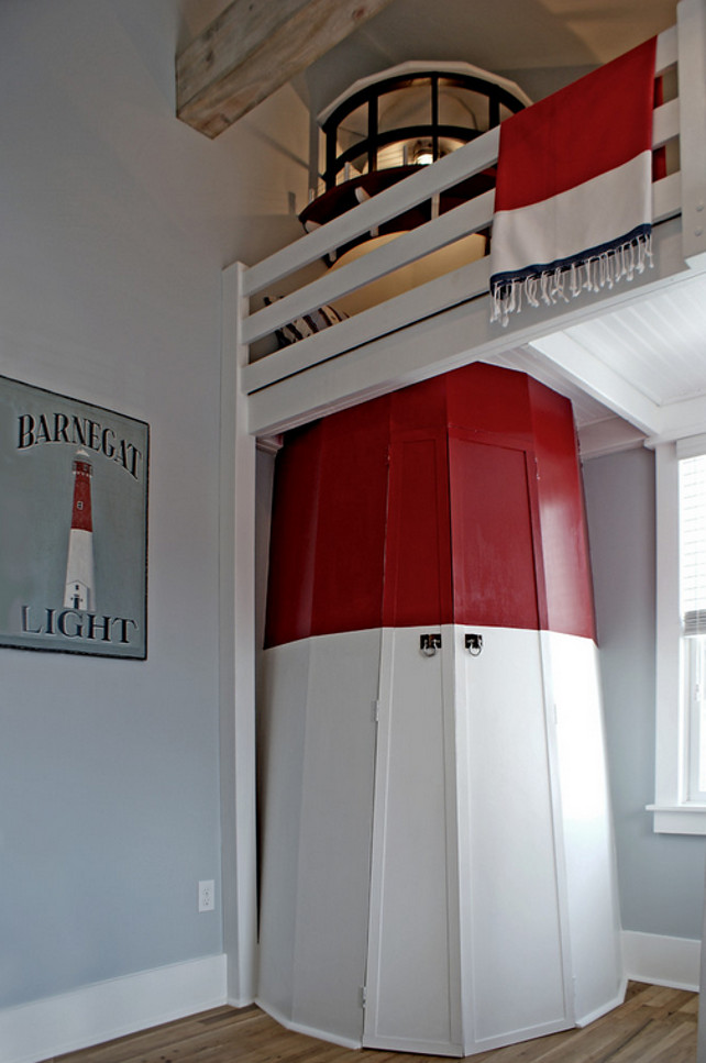 Bunk Bedroom. Kids Bunk Bedroom. Coastal Bunk Bedroom. This is an adorable kids' bunk room with its own custom-made red and white lighthouse closet. Children's room with a nautical theme. Custom-made red and white lighthouse closet. Coastal art is from a store in Beach Haven, NJ. Called How to Live. #BunkBed #BunkBedroom #Coastal
