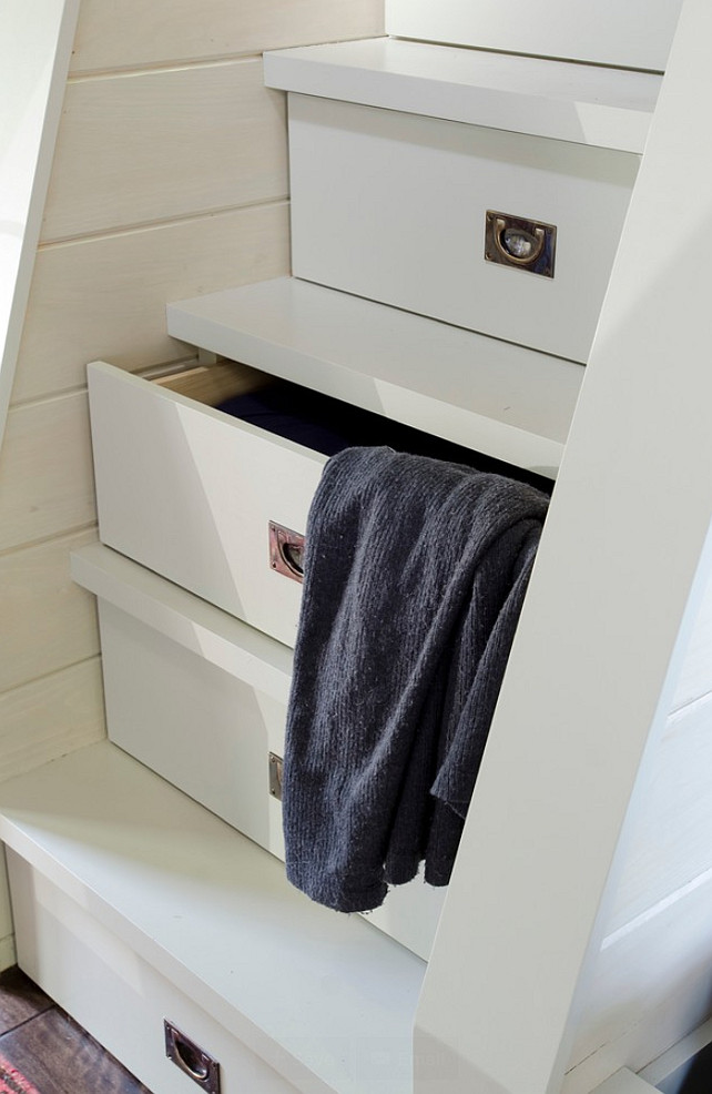Bunk Room Stairs. Bunk Room Stair Storage Ideas. Bunk Room Stair Storage with pull hardware. According to the designer, the hardware is from a vendor called Whitechapel. Kristina Crestin Design.