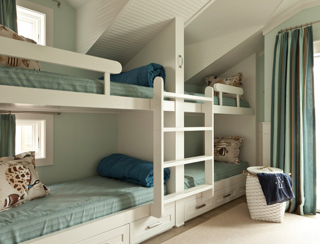 Bunk Room. Bunk Room with Beadboard ceiling. Bunk Room Ideas. Custom Bunk Room Beds. Bunk Room Paint Color. Bunk Room Bedding. Bunk RoomDecor. Bunk Room Layout. #BunkRoom Anne Michaelsen Design.