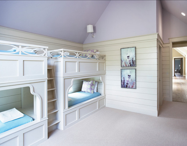 Bunkbed Room. Bunk room for kids. The wall color is Benjamin Moore Spring Violet and the trim color is Sherwin Williams Canvas Tan #BunkRoom #BunkbedRoom #Bunkbed #Kids