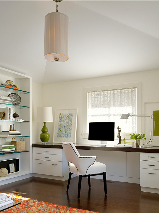 Home Office Ideas. The chandelier is Barbara Barry's Perfect Pleat Lantern from Circa Lighting. The chair is the Sitz Dining Arm Chair by Jean de Merry. #HomeOffice #HomeOfficeIdeas