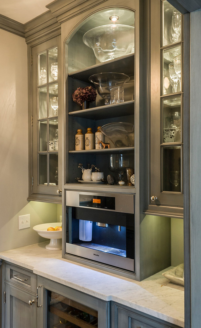 Butler's Pantry. Farrow & Ball's Railings Butler's pantry cabinet. Gray Butler's pantry. Coffee and wine bar in butler's pantry. Built-in coffee machine. Paint Color is Farrow & Ball's Railings #31 #Butlerspantry #CoffeeStation #BuiltinCoffeeMachine. #Farrowand BallRailings 