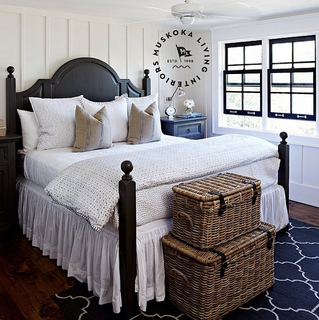 Casual coastal bedroom with board and batten walls. #Bedroom #Coastal #Boardbatten #muskoka #muskokaliving #muskokalivingprojects #muskokalivingprojects #tradewinds #muskokalivinginteriors Muskoka Living Interiors.