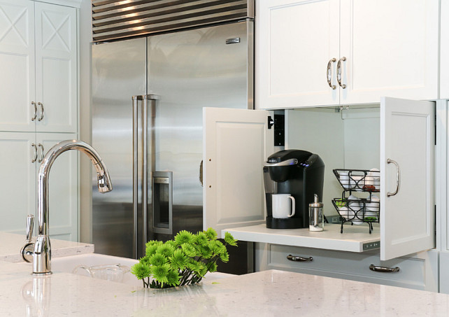 Coffee Station. Pull Out Coffee Station. Hidden pull out coffee station in kitchen cabinet. #CoffeeStation Redstart Construction.