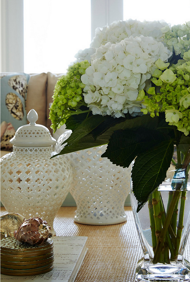 Coffee table decor. Hydrangeas and white vases on coffee table. Neutral coffee table decor. #CoffeeTable #decor #neutral #Interiors JMA Interior Design.